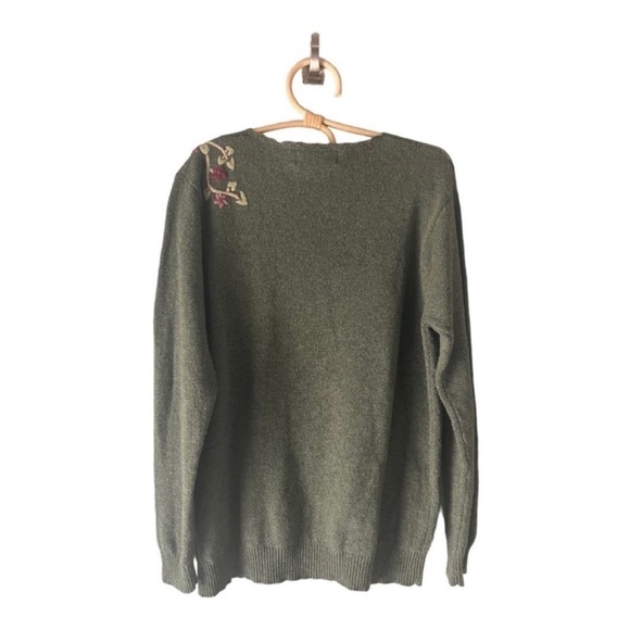 Tulchan Wool Olive Green Knitted Pink Florals with Petal Trim Neckline Large - Picture 3 of 13